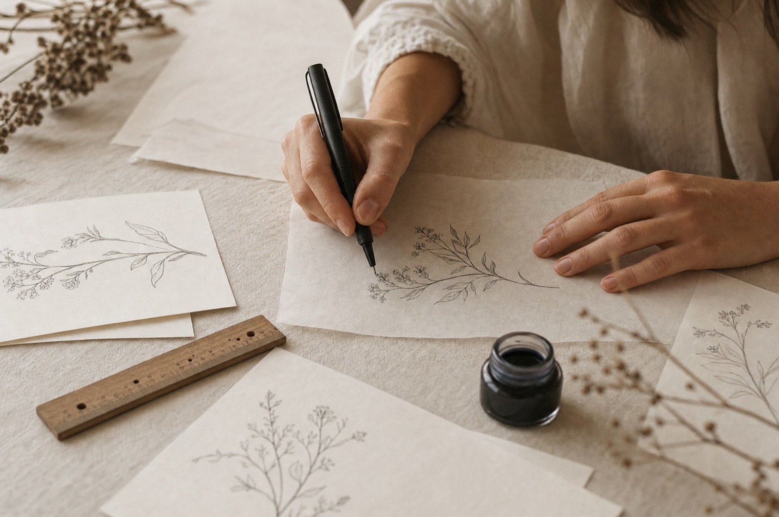 Tracé d'un motif fine line à l'encre sur papier calque, dans l'atelier
