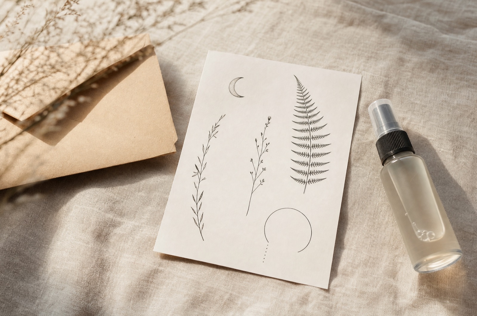 Planche de motifs imprimée, enveloppe kraft et spray fixateur